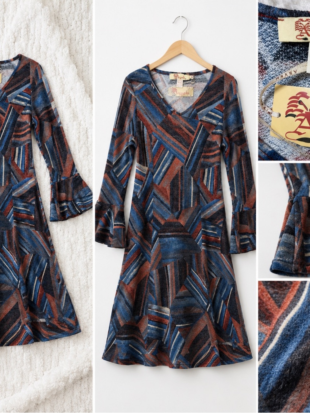Aryeh Geometric V‑Neck A‑Line Dress in Blue & Brown